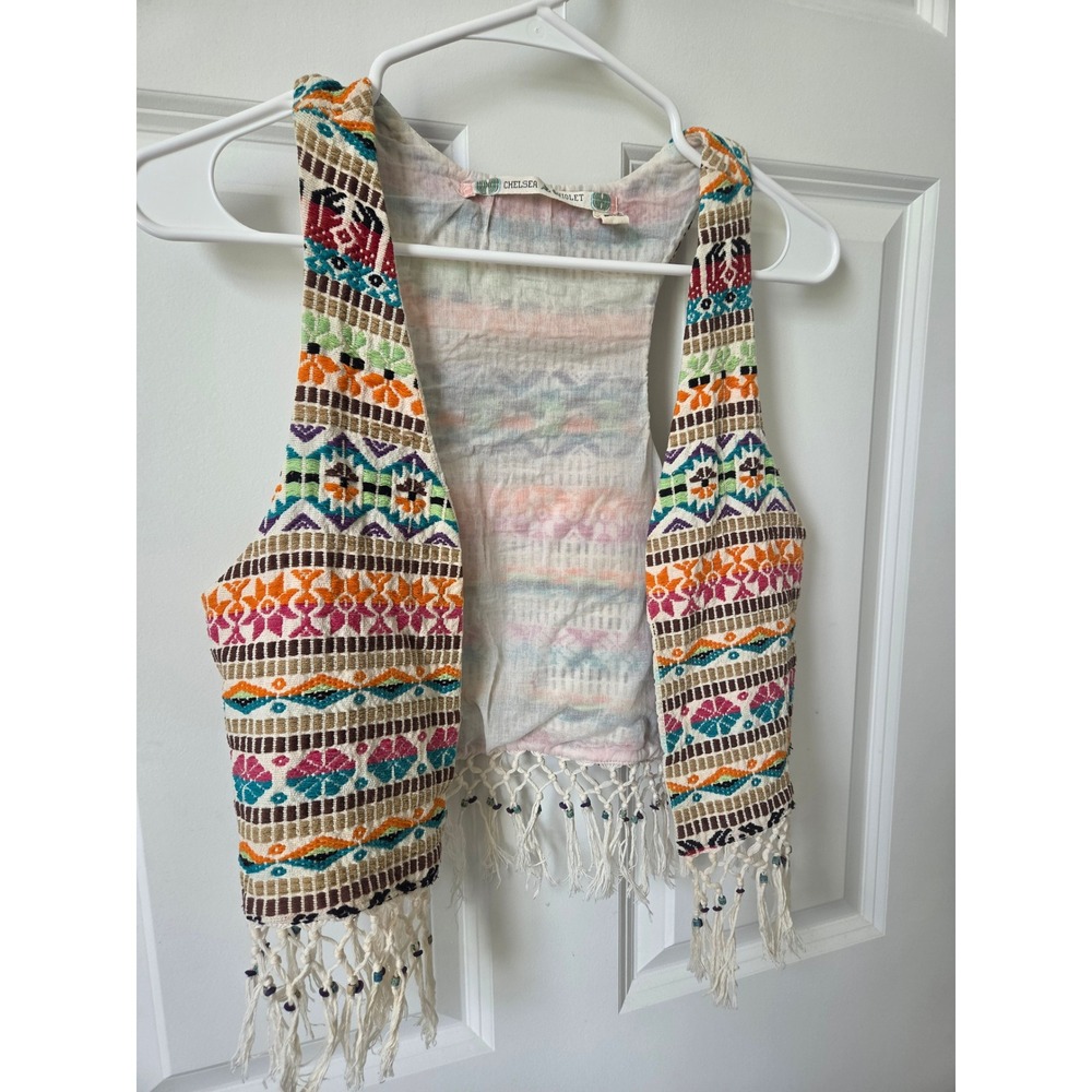 Chelsea & Violet‎ Women's XS Boho Woven Fringe Beaded Racerback Vest Festival